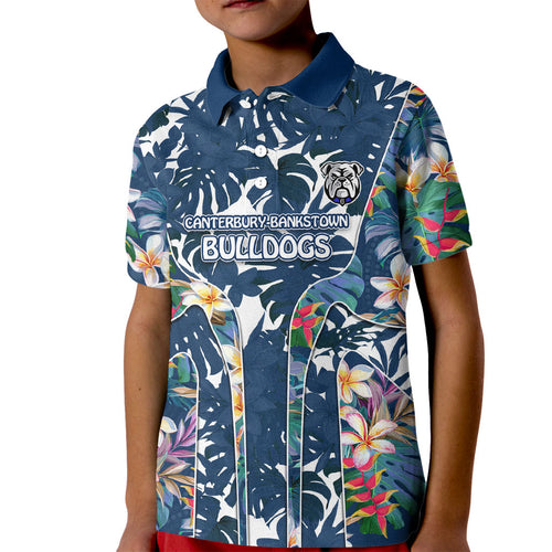 Canterbury-Bankstown Bulldogs Kid Polo Shirt Tropical Hibiscus Floral Pattern With Blue And White Accents