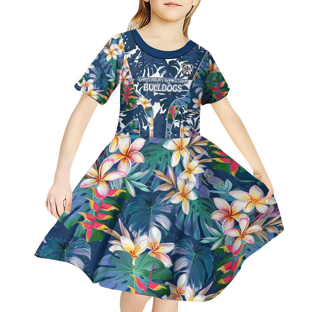 Canterbury-Bankstown Bulldogs Kid Short Sleeve Dress Tropical Hibiscus Floral Pattern With Blue And White Accents