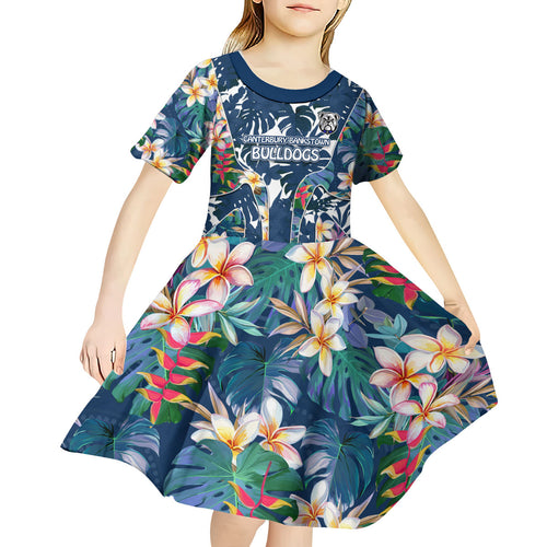 Canterbury-Bankstown Bulldogs Kid Short Sleeve Dress Tropical Hibiscus Floral Pattern With Blue And White Accents