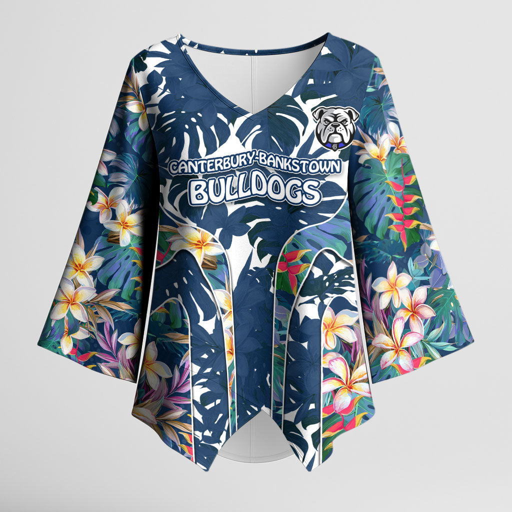 Canterbury-Bankstown Bulldogs Kimono Sleeve Blouse Tropical Hibiscus Floral Pattern With Blue And White Accents