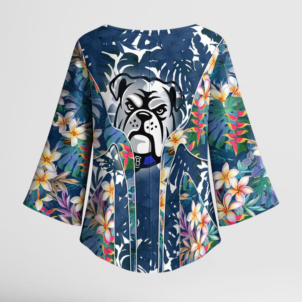 Canterbury-Bankstown Bulldogs Kimono Sleeve Blouse Tropical Hibiscus Floral Pattern With Blue And White Accents