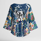 Canterbury-Bankstown Bulldogs Kimono Sleeve Blouse Tropical Hibiscus Floral Pattern With Blue And White Accents