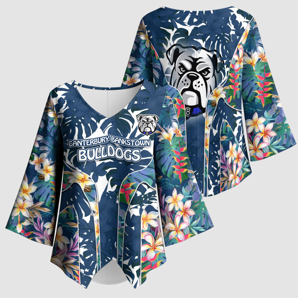 Canterbury-Bankstown Bulldogs Kimono Sleeve Blouse Tropical Hibiscus Floral Pattern With Blue And White Accents
