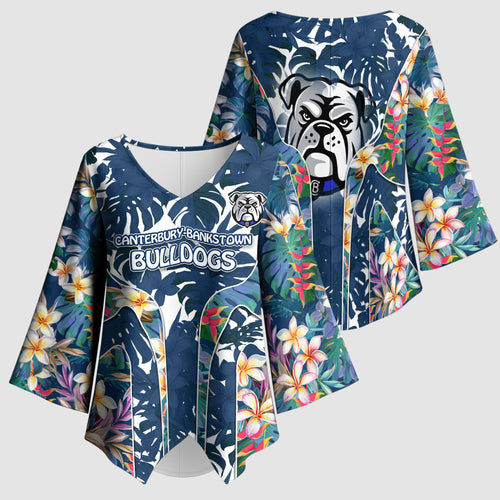 Canterbury-Bankstown Bulldogs Kimono Sleeve Blouse Tropical Hibiscus Floral Pattern With Blue And White Accents