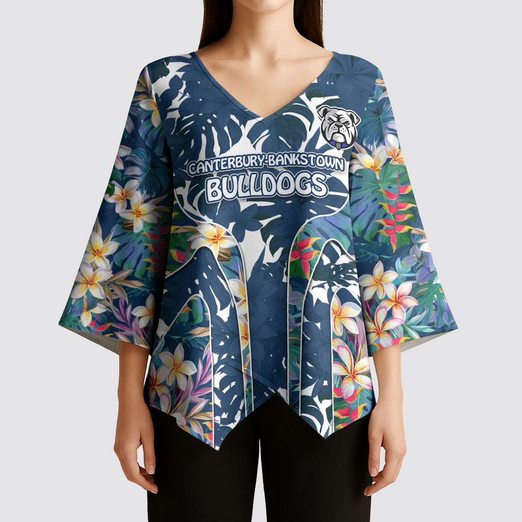 Canterbury-Bankstown Bulldogs Kimono Sleeve Blouse Tropical Hibiscus Floral Pattern With Blue And White Accents