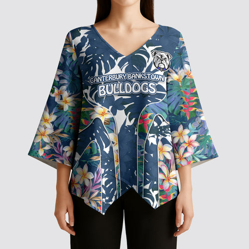 Canterbury-Bankstown Bulldogs Kimono Sleeve Blouse Tropical Hibiscus Floral Pattern With Blue And White Accents