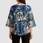 Canterbury-Bankstown Bulldogs Kimono Sleeve Blouse Tropical Hibiscus Floral Pattern With Blue And White Accents