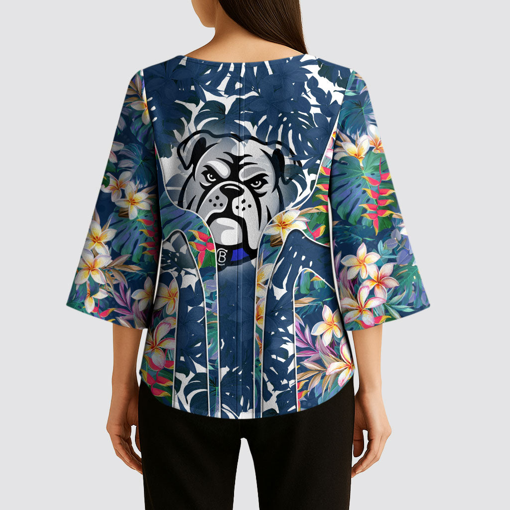 Canterbury-Bankstown Bulldogs Kimono Sleeve Blouse Tropical Hibiscus Floral Pattern With Blue And White Accents