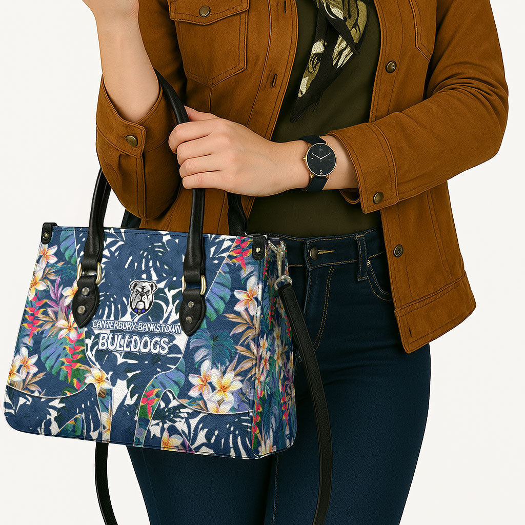 Canterbury-Bankstown Bulldogs Leather Bag Tropical Hibiscus Floral Pattern With Blue And White Accents