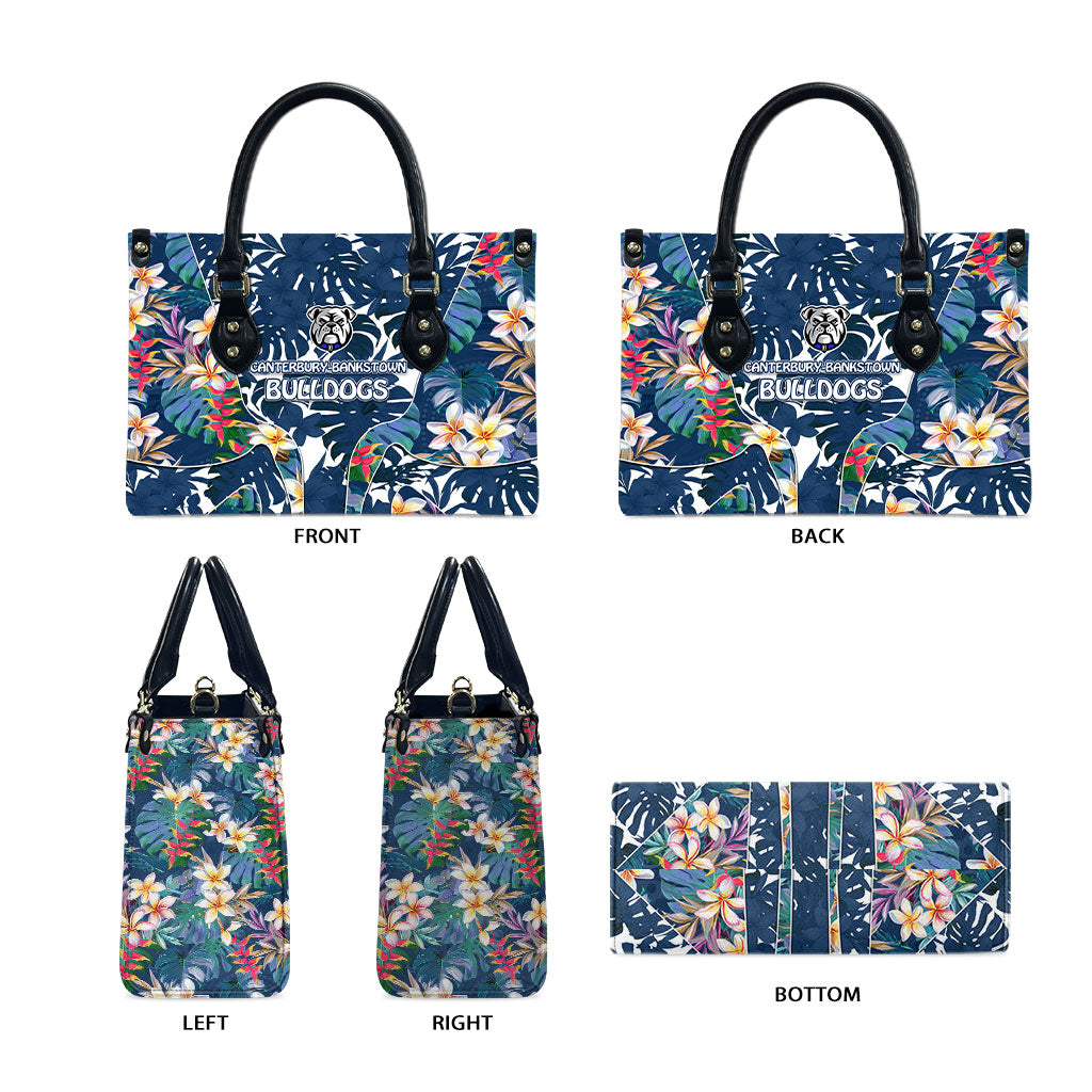 Canterbury-Bankstown Bulldogs Leather Bag Tropical Hibiscus Floral Pattern With Blue And White Accents