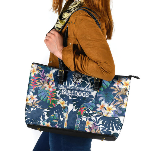 Canterbury-Bankstown Bulldogs Leather Tote Bag Tropical Hibiscus Floral Pattern With Blue And White Accents