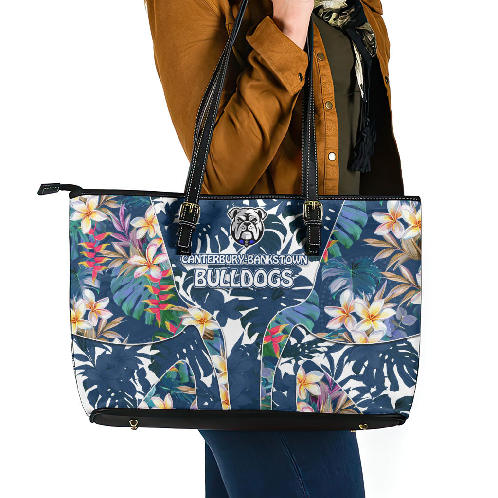 Canterbury-Bankstown Bulldogs Leather Tote Bag Tropical Hibiscus Floral Pattern With Blue And White Accents