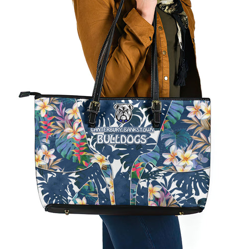 Canterbury-Bankstown Bulldogs Leather Tote Bag Tropical Hibiscus Floral Pattern With Blue And White Accents