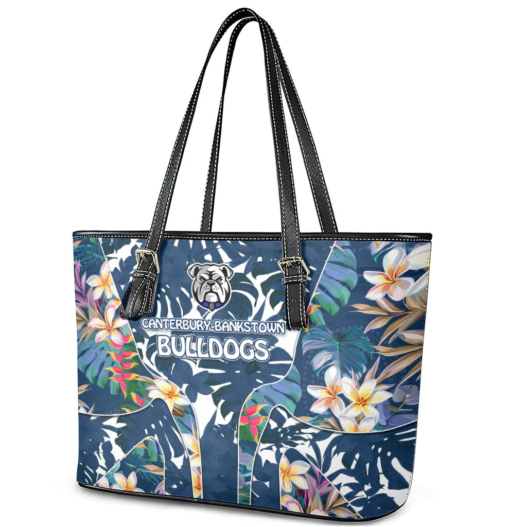Canterbury-Bankstown Bulldogs Leather Tote Bag Tropical Hibiscus Floral Pattern With Blue And White Accents