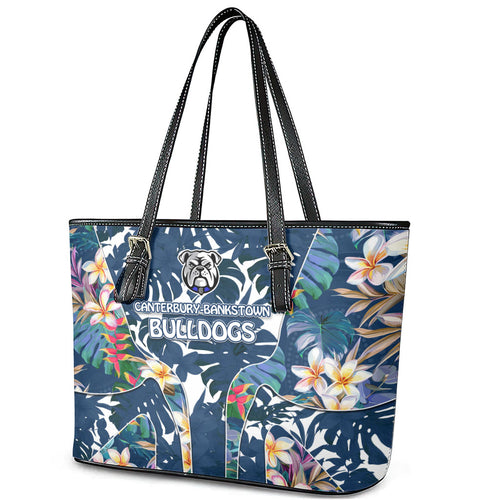 Canterbury-Bankstown Bulldogs Leather Tote Bag Tropical Hibiscus Floral Pattern With Blue And White Accents