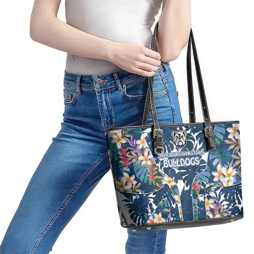 Canterbury-Bankstown Bulldogs Leather Tote Bag Tropical Hibiscus Floral Pattern With Blue And White Accents