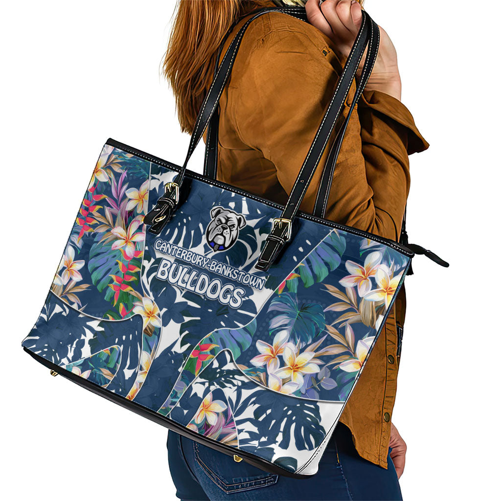 Canterbury-Bankstown Bulldogs Leather Tote Bag Tropical Hibiscus Floral Pattern With Blue And White Accents