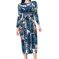 Canterbury-Bankstown Bulldogs Long Sleeve Bodycon Dress Tropical Hibiscus Floral Pattern With Blue And White Accents