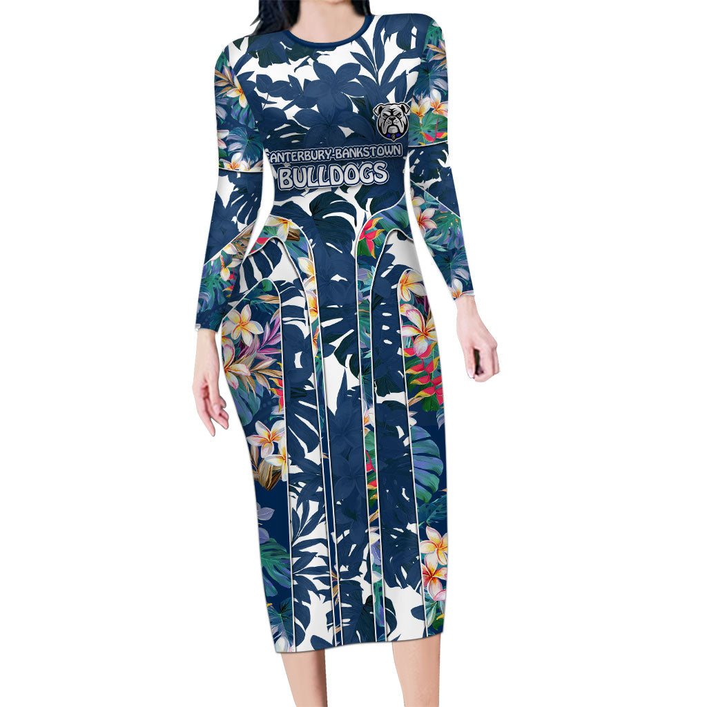 Canterbury-Bankstown Bulldogs Long Sleeve Bodycon Dress Tropical Hibiscus Floral Pattern With Blue And White Accents