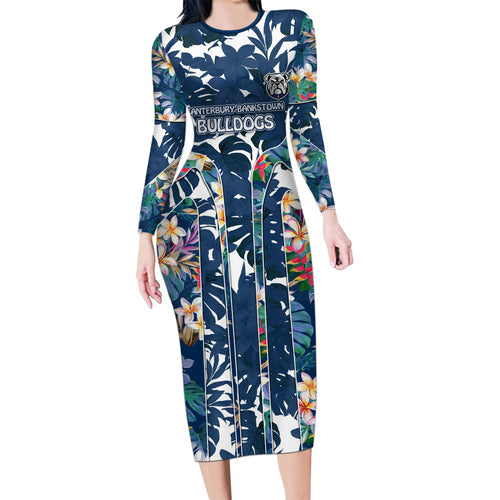 Canterbury-Bankstown Bulldogs Long Sleeve Bodycon Dress Tropical Hibiscus Floral Pattern With Blue And White Accents