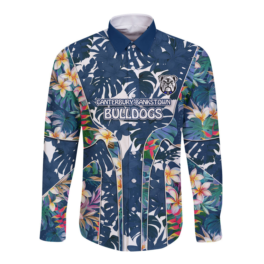 Canterbury-Bankstown Bulldogs Long Sleeve Button Shirt Tropical Hibiscus Floral Pattern With Blue And White Accents