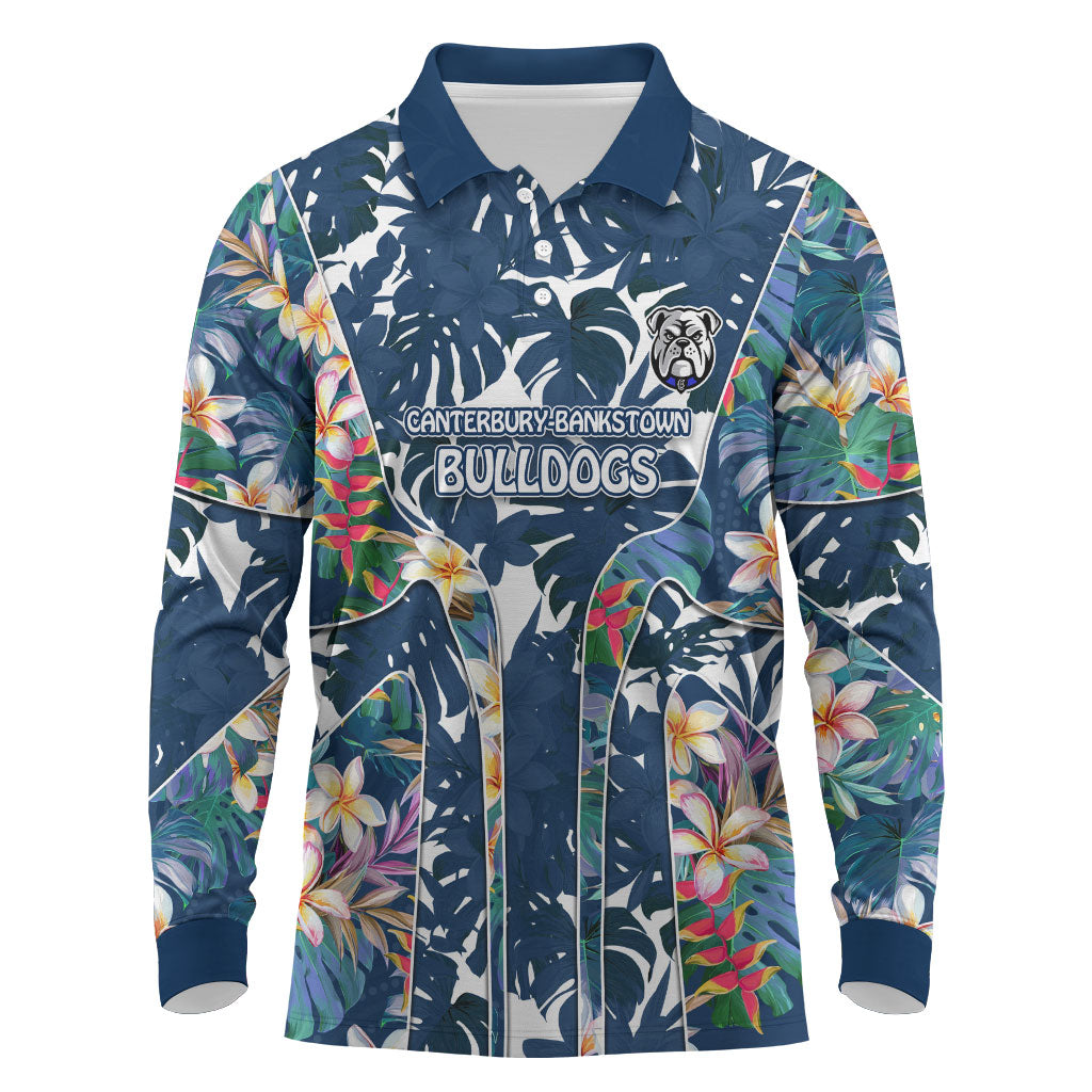Canterbury-Bankstown Bulldogs Long Sleeve Polo Shirt Tropical Hibiscus Floral Pattern With Blue And White Accents