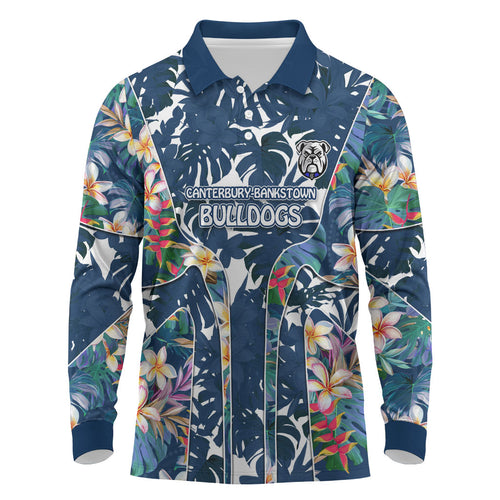 Canterbury-Bankstown Bulldogs Long Sleeve Polo Shirt Tropical Hibiscus Floral Pattern With Blue And White Accents