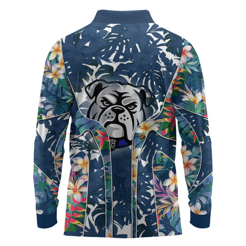 Canterbury-Bankstown Bulldogs Long Sleeve Polo Shirt Tropical Hibiscus Floral Pattern With Blue And White Accents