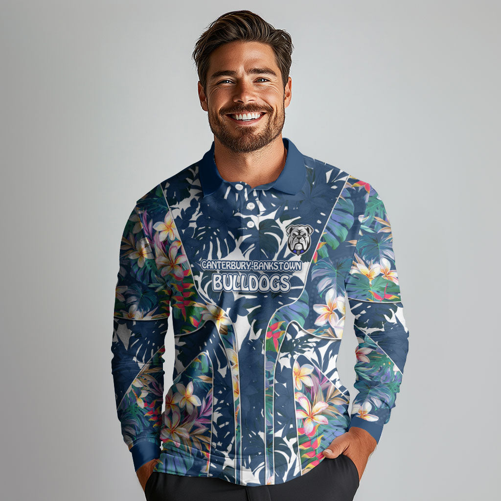 Canterbury-Bankstown Bulldogs Long Sleeve Polo Shirt Tropical Hibiscus Floral Pattern With Blue And White Accents