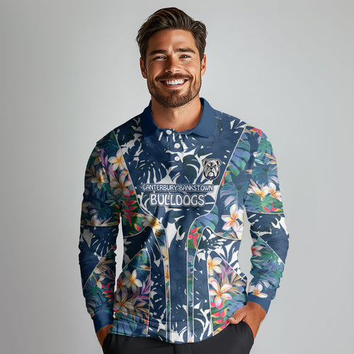 Canterbury-Bankstown Bulldogs Long Sleeve Polo Shirt Tropical Hibiscus Floral Pattern With Blue And White Accents
