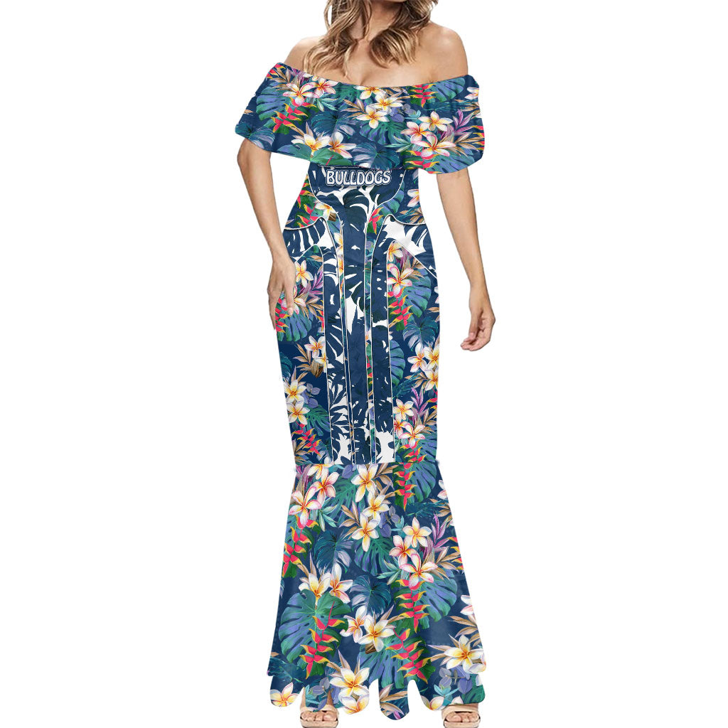 Canterbury-Bankstown Bulldogs Mermaid Dress Tropical Hibiscus Floral Pattern With Blue And White Accents