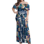 Canterbury-Bankstown Bulldogs Off Shoulder Maxi Dress Tropical Hibiscus Floral Pattern With Blue And White Accents
