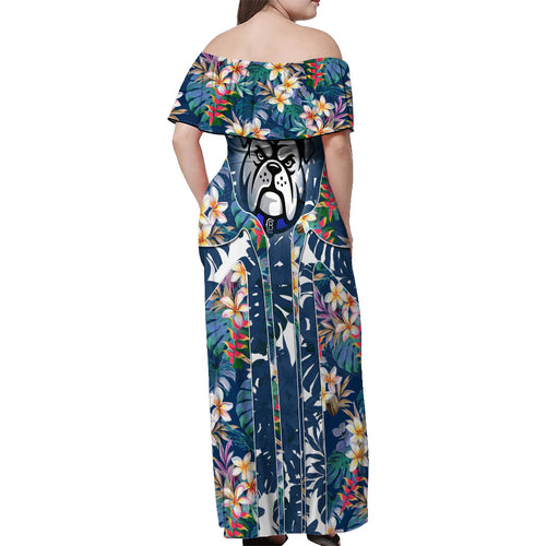 Canterbury-Bankstown Bulldogs Off Shoulder Maxi Dress Tropical Hibiscus Floral Pattern With Blue And White Accents