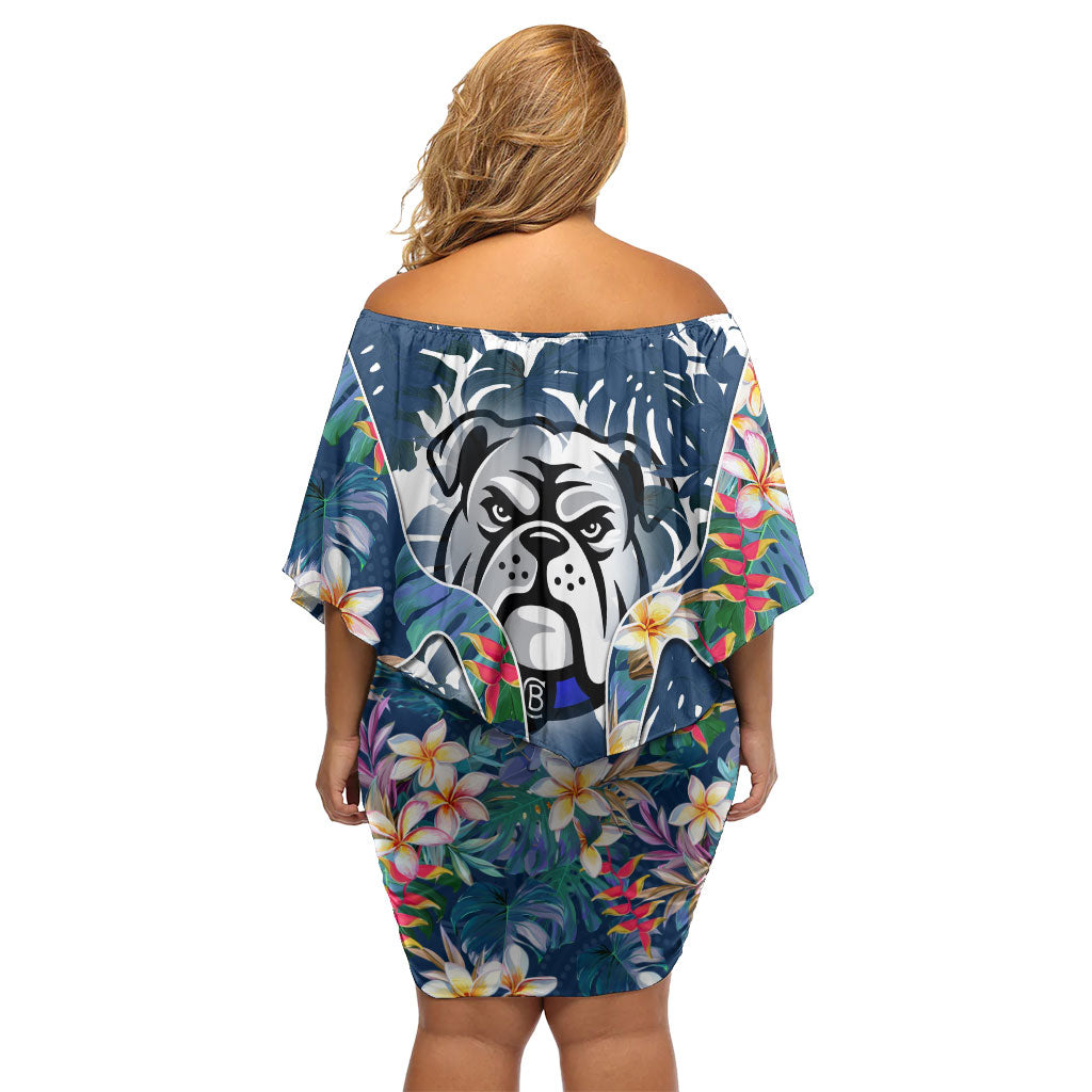 Canterbury-Bankstown Bulldogs Off Shoulder Short Dress Tropical Hibiscus Floral Pattern With Blue And White Accents