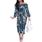 Canterbury-Bankstown Bulldogs Off The Shoulder Long Sleeve Dress Tropical Hibiscus Floral Pattern With Blue And White Accents