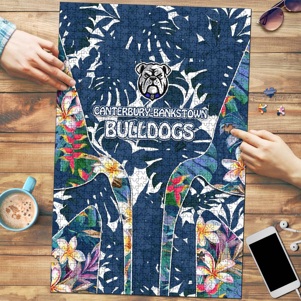 Canterbury-Bankstown Bulldogs Puzzle Tropical Hibiscus Floral Pattern With Blue And White Accents