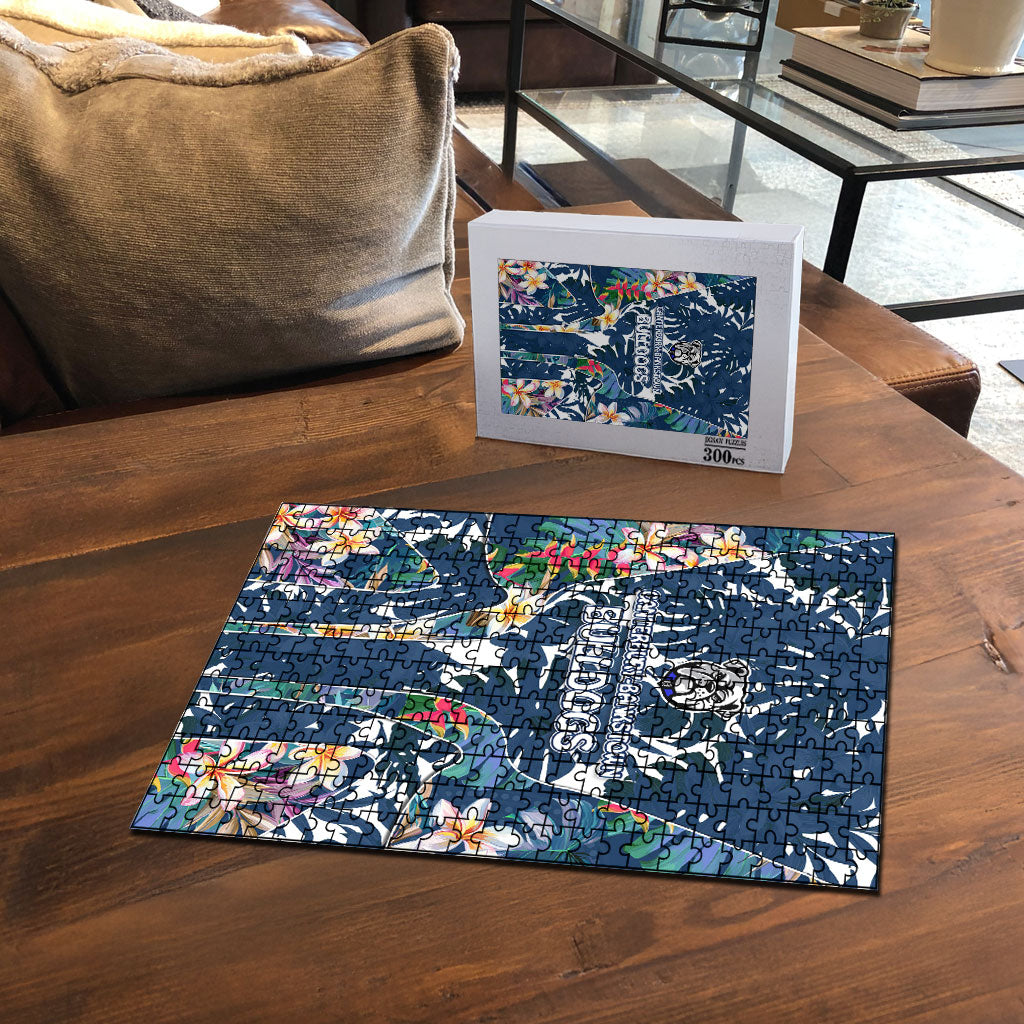 Canterbury-Bankstown Bulldogs Puzzle Tropical Hibiscus Floral Pattern With Blue And White Accents