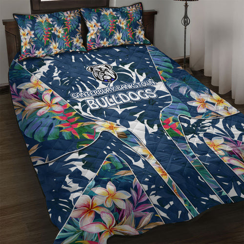 Canterbury-Bankstown Bulldogs Quilt Bed Set Tropical Hibiscus Floral Pattern With Blue And White Accents