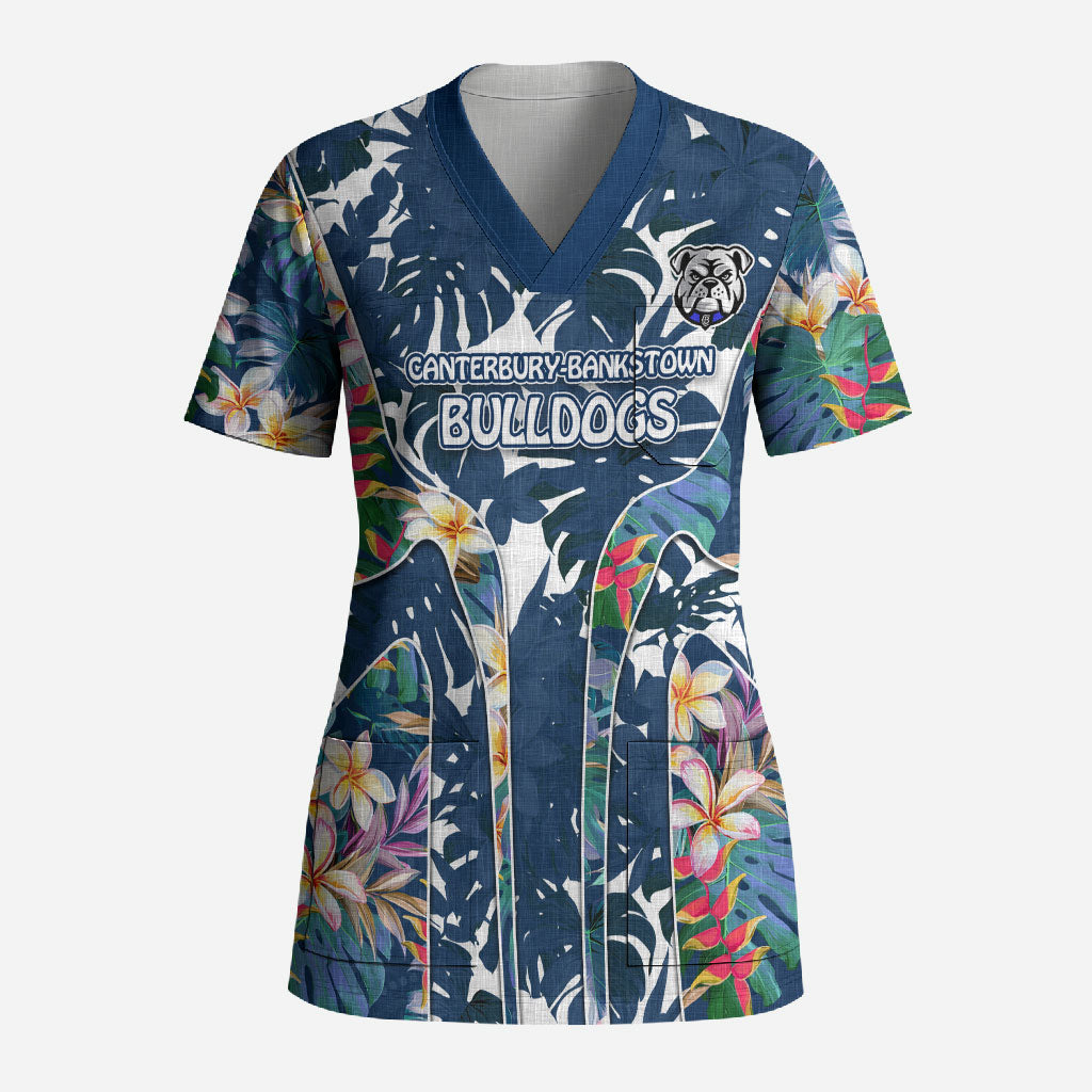Canterbury-Bankstown Bulldogs Scrub Top Tropical Hibiscus Floral Pattern With Blue And White Accents