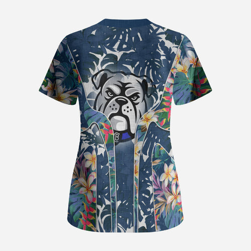 Canterbury-Bankstown Bulldogs Scrub Top Tropical Hibiscus Floral Pattern With Blue And White Accents