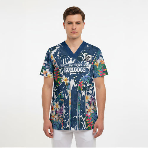 Canterbury-Bankstown Bulldogs Scrub Top Tropical Hibiscus Floral Pattern With Blue And White Accents