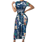 Canterbury-Bankstown Bulldogs Short Sleeve Bodycon Dress Tropical Hibiscus Floral Pattern With Blue And White Accents