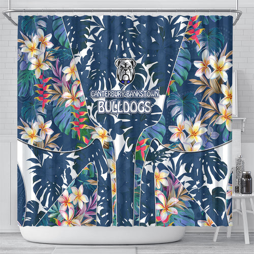 Canterbury-Bankstown Bulldogs Shower Curtain Tropical Hibiscus Floral Pattern With Blue And White Accents