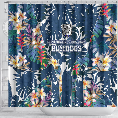 Canterbury-Bankstown Bulldogs Shower Curtain Tropical Hibiscus Floral Pattern With Blue And White Accents