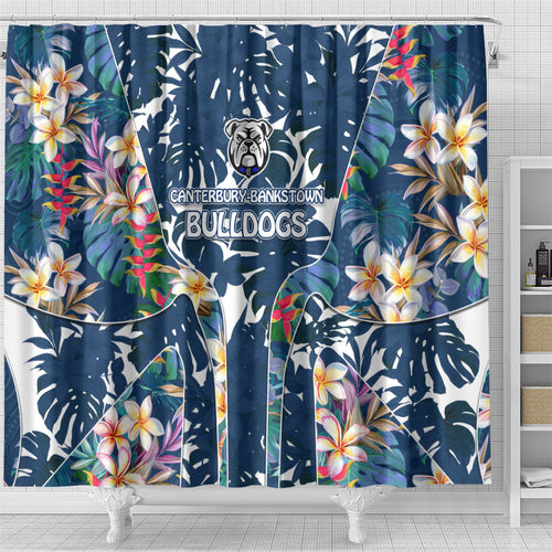Canterbury-Bankstown Bulldogs Shower Curtain Tropical Hibiscus Floral Pattern With Blue And White Accents