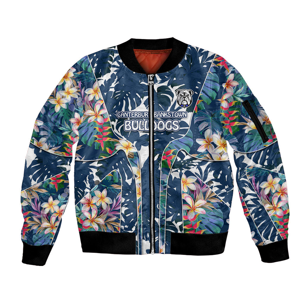 Canterbury-Bankstown Bulldogs Sleeve Zip Bomber Jacket Tropical Hibiscus Floral Pattern With Blue And White Accents