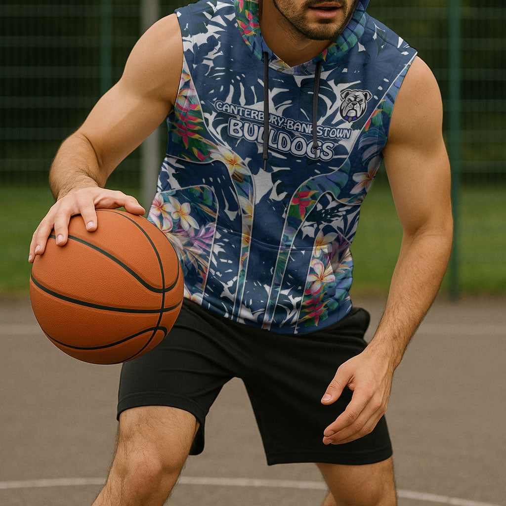 Canterbury-Bankstown Bulldogs Sleeveless Hoodie Tropical Hibiscus Floral Pattern With Blue And White Accents