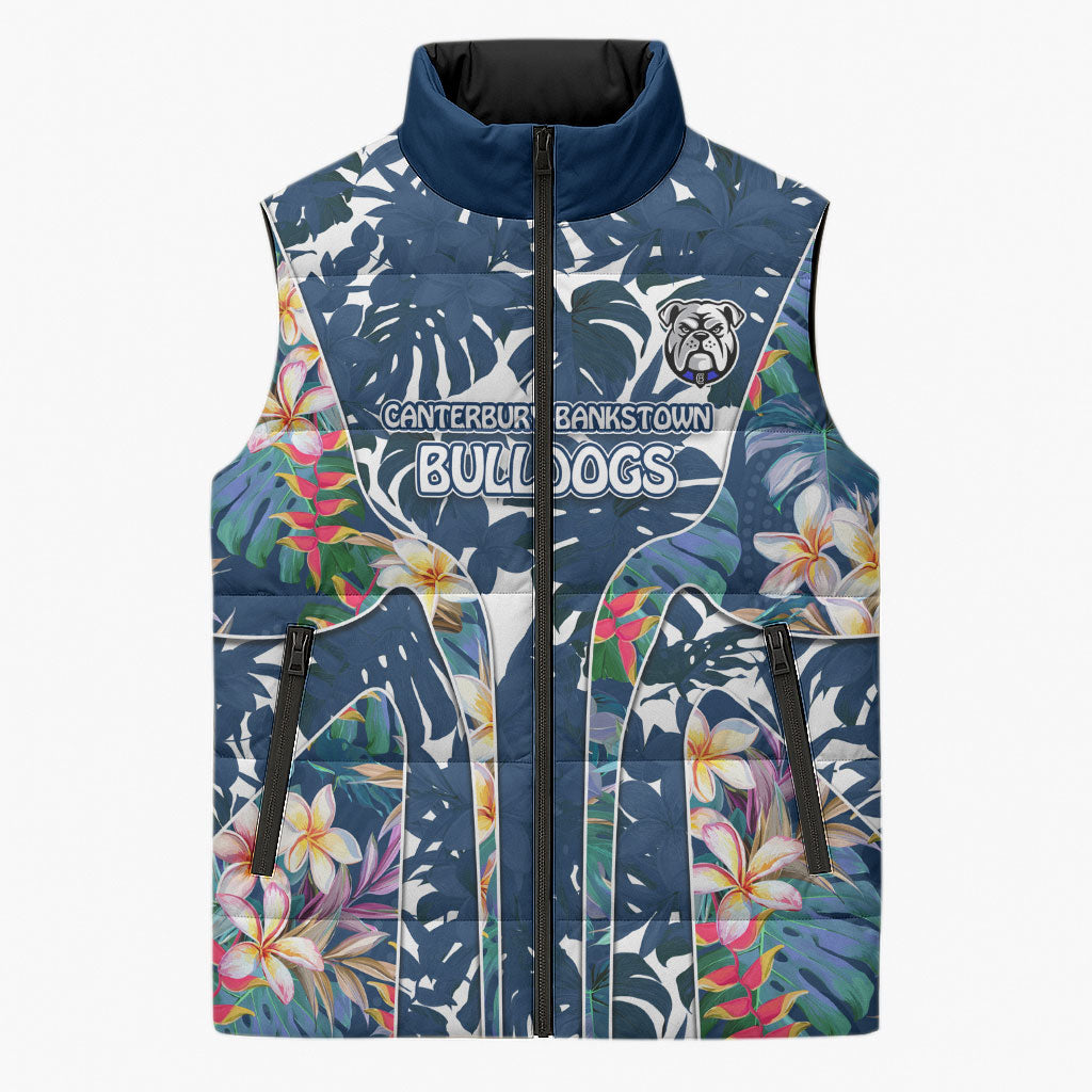 Canterbury-Bankstown Bulldogs Sleeveless Puffer Jacket Tropical Hibiscus Floral Pattern With Blue And White Accents