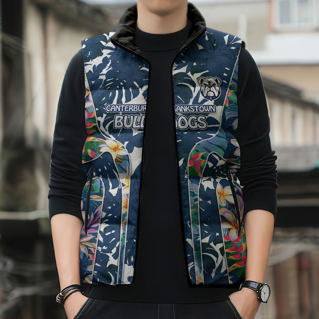 Canterbury-Bankstown Bulldogs Sleeveless Puffer Jacket Tropical Hibiscus Floral Pattern With Blue And White Accents