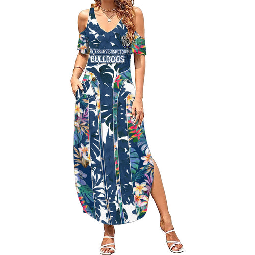 Canterbury-Bankstown Bulldogs Summer Maxi Dress Tropical Hibiscus Floral Pattern With Blue And White Accents